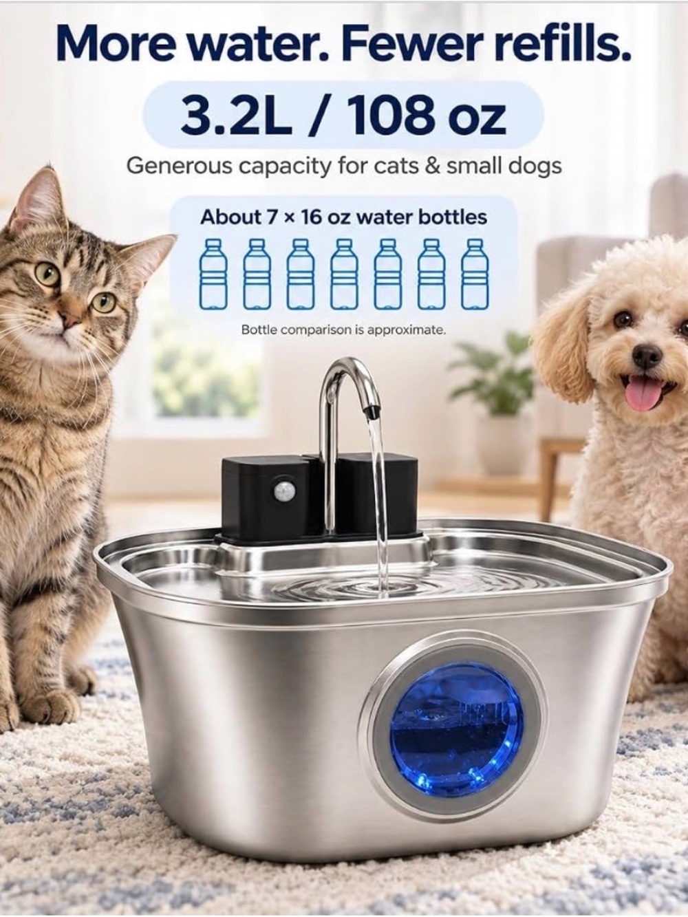 Stainless Steel Cat Water Fountain with Blue LED - 3.2L